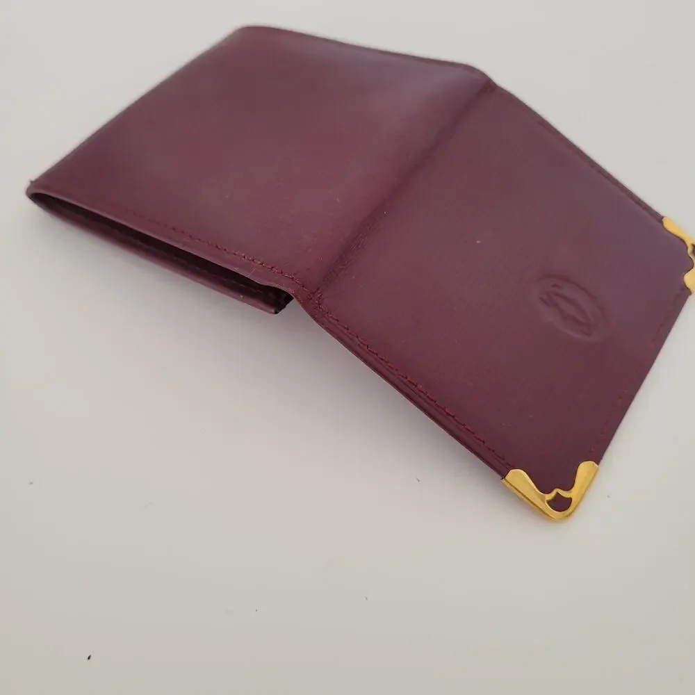 Cartier Vintage Mini Coin Holder‎ Wallet Bordeaux Leather Small Red Burgundy